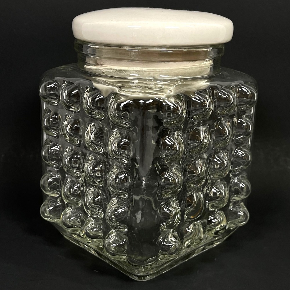 Vintage Hobnail Glass Apothecary Canister Jar Clear Square Ceramic Lid MCM Retro